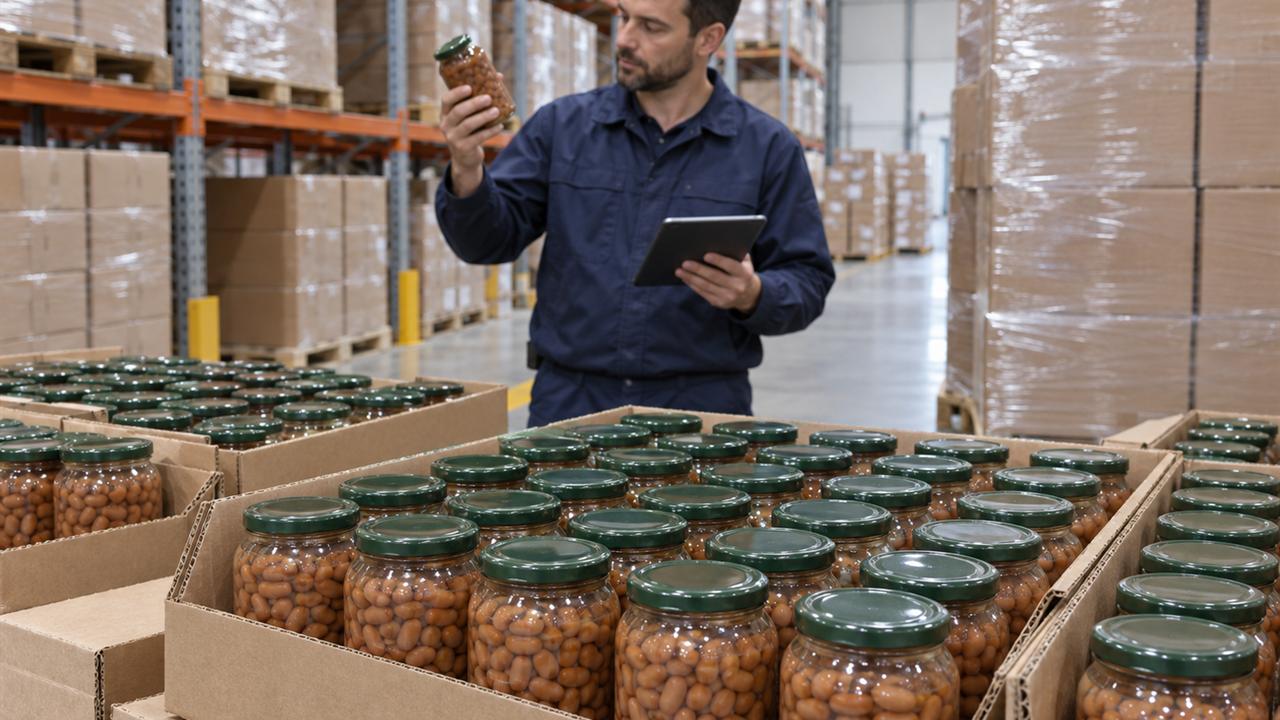 A quality inspector holds a glass jar of preserved beans up to the light in a warehouse, a tablet in his other hand and trays of filled jars in front of him.