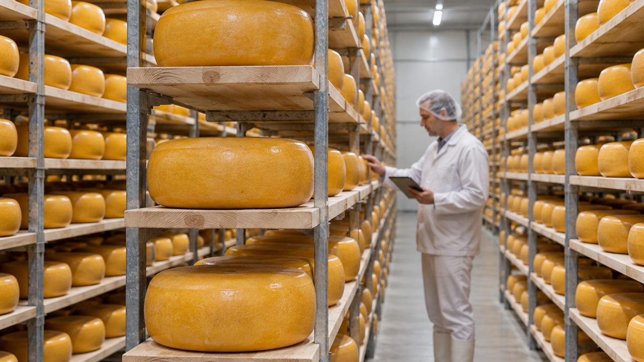 Wheels of cheese ripening on wooden racks in a maturing store, with a worker in a white coat and hairnet checking a shelf further down the aisle.