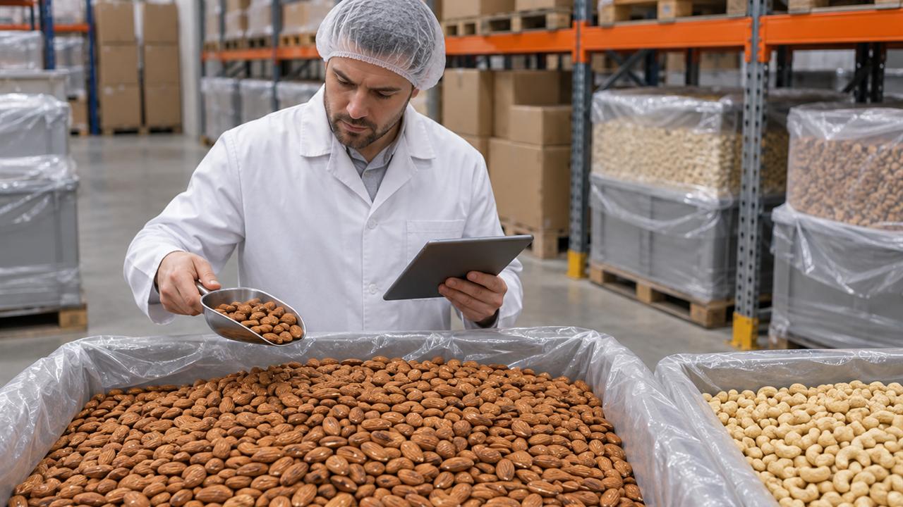 A worker in a white coat inspects a lot of nuts in a storage warehouse and records the finding on a tablet.