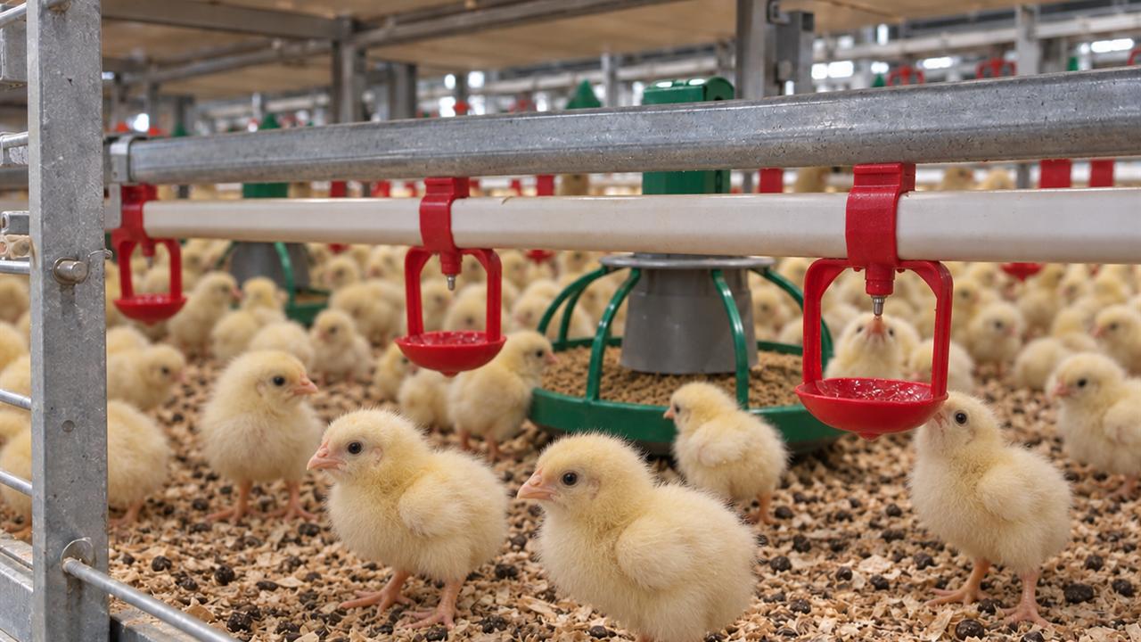 Young broiler chicks around a feeder pan in a house with a raised patio floor.