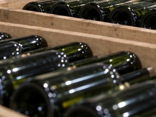 Dark green wine bottles lying on their sides in a wooden crate in a cellar.